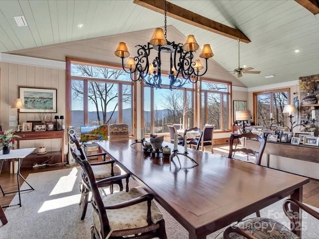 116 Dana Rd, Waynesville, NC 28786 - dining area with high vaulted ceiling, visible vents, wooden ceiling, wood finished floors, and beam ceiling