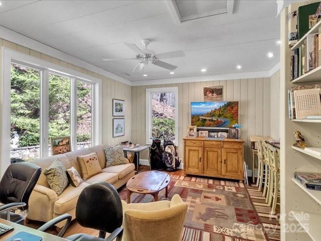 116 Dana Rd, Waynesville, NC 28786 - living area featuring ornamental molding, a ceiling fan, and recessed lighting