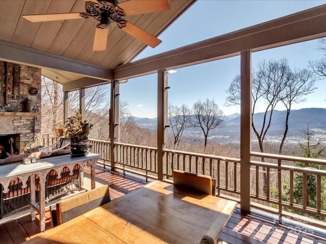 116 Dana Rd, Waynesville, NC 28786 - sunroom featuring a mountain view, vaulted ceiling, hardwood / wood-style flooring, and wood ceiling