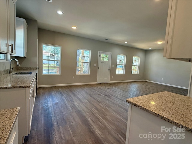 kitchen with plenty of natural light, a sink, dark wood finished floors, white cabinetry, and recessed lighting