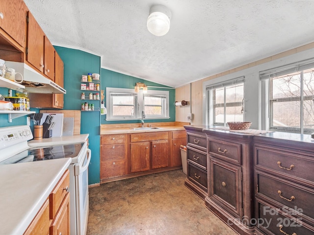 kitchen with vaulted ceiling, a textured ceiling, open shelves, white electric range oven, and a sink