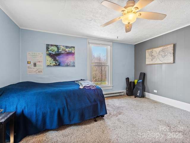 carpeted bedroom featuring a textured ceiling, crown molding, and a ceiling fan