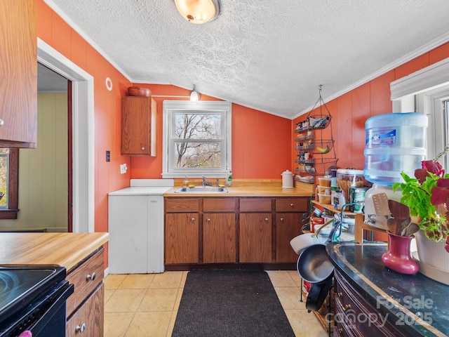 kitchen featuring a textured ceiling, ornamental molding, vaulted ceiling, light countertops, and a sink