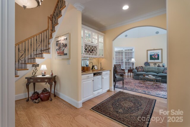 104 Hallmark Xing, Rock Hill, SC 29732 - hall featuring ornamental molding, light wood finished floors, stairway, and baseboards