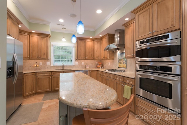 104 Hallmark Xing, Rock Hill, SC 29732 - kitchen featuring light wood-style flooring, stainless steel appliances, a kitchen island, a sink, and wall chimney exhaust hood