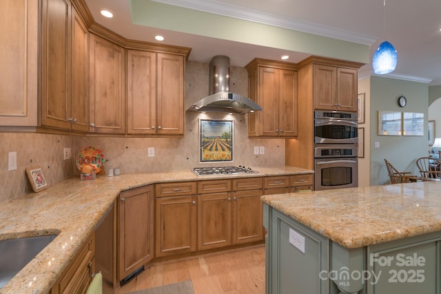 104 Hallmark Xing, Rock Hill, SC 29732 - kitchen with stainless steel appliances, brown cabinets, crown molding, and wall chimney exhaust hood