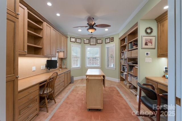 104 Hallmark Xing, Rock Hill, SC 29732 - office area featuring a ceiling fan, ornamental molding, recessed lighting, and built in study area