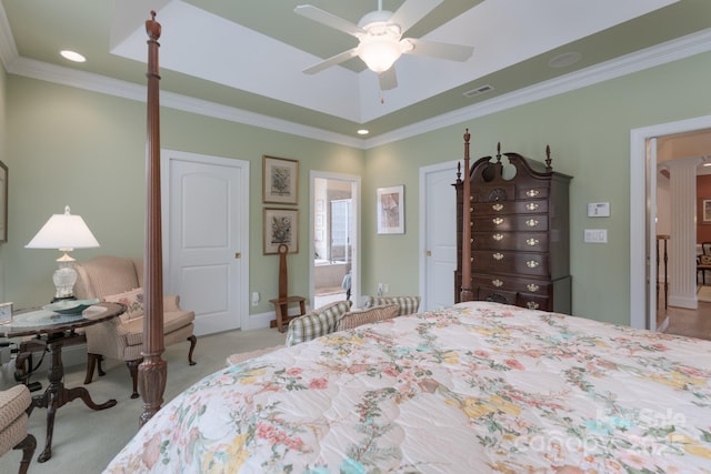 104 Hallmark Xing, Rock Hill, SC 29732 - carpeted bedroom featuring visible vents, ceiling fan, crown molding, and a tray ceiling