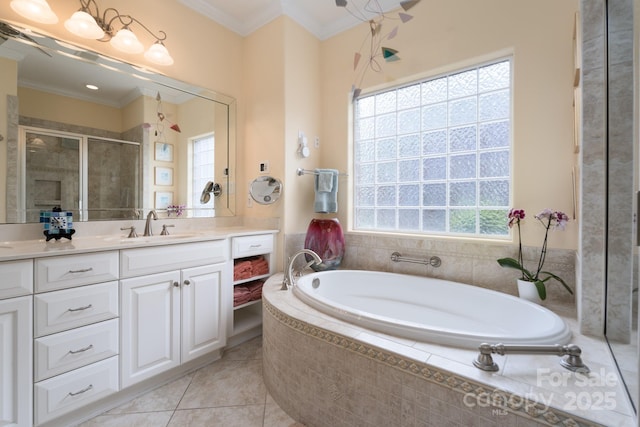 104 Hallmark Xing, Rock Hill, SC 29732 - bathroom featuring a shower stall, crown molding, tile patterned floors, a garden tub, and vanity