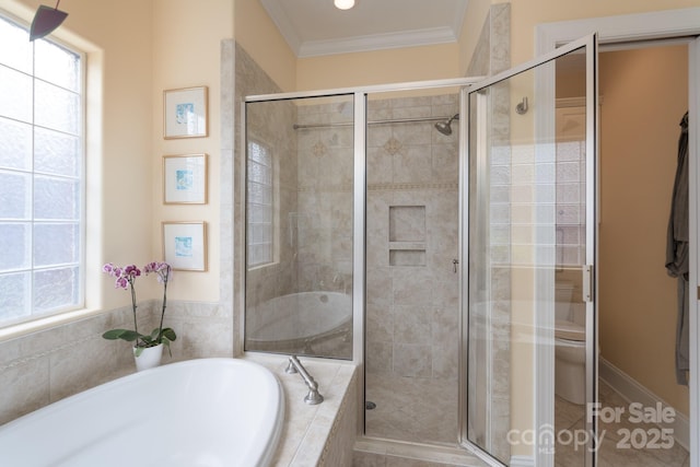 104 Hallmark Xing, Rock Hill, SC 29732 - bathroom with toilet, ornamental molding, a shower stall, and a bath