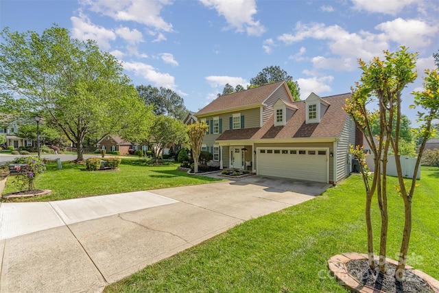 view of front of home featuring fence, a front lawn, concrete driveway, an attached garage, and roof with shingles