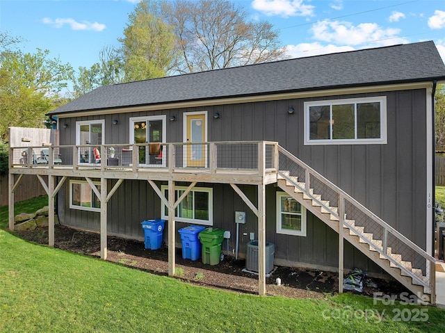 110 Hayden Way, Asheville, NC 28803 - back of house featuring stairway, central AC, a wooden deck, a yard, and a shingled roof