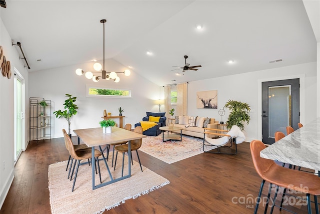 110 Hayden Way, Asheville, NC 28803 - dining room with visible vents, dark wood-style flooring, recessed lighting, ceiling fan with notable chandelier, and lofted ceiling