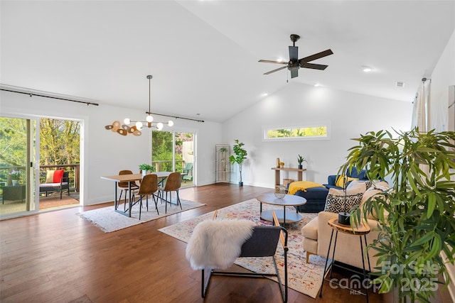 110 Hayden Way, Asheville, NC 28803 - living area with wood finished floors, ceiling fan with notable chandelier, visible vents, and high vaulted ceiling