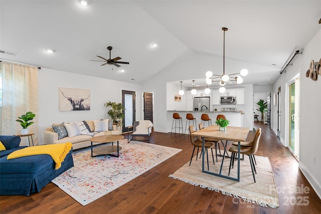 110 Hayden Way, Asheville, NC 28803 - living room featuring dark wood-type flooring, visible vents, vaulted ceiling, and ceiling fan