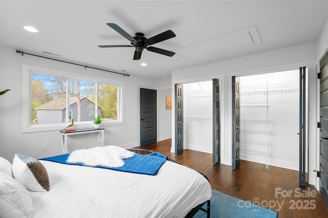 110 Hayden Way, Asheville, NC 28803 - bedroom with recessed lighting, attic access, dark wood-style flooring, and two closets