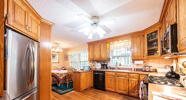 kitchen featuring ceiling fan, appliances with stainless steel finishes, a sink, light wood-style floors, and a textured ceiling