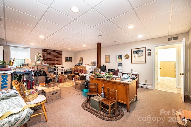 office area featuring visible vents, carpet floors, a drop ceiling, baseboard heating, and recessed lighting