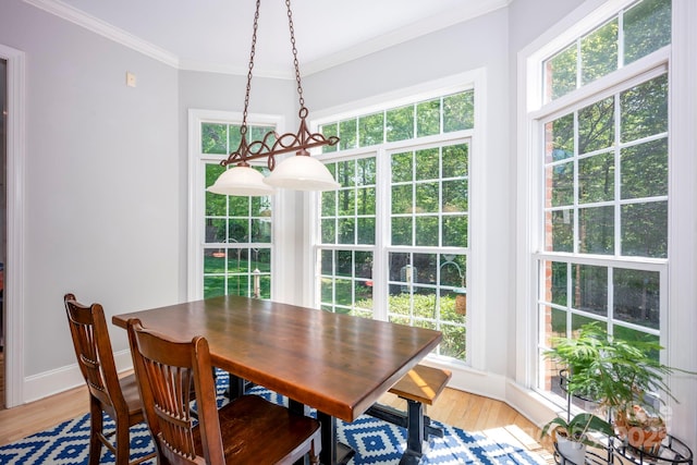 dining area with ornamental molding, light wood finished floors, and plenty of natural light