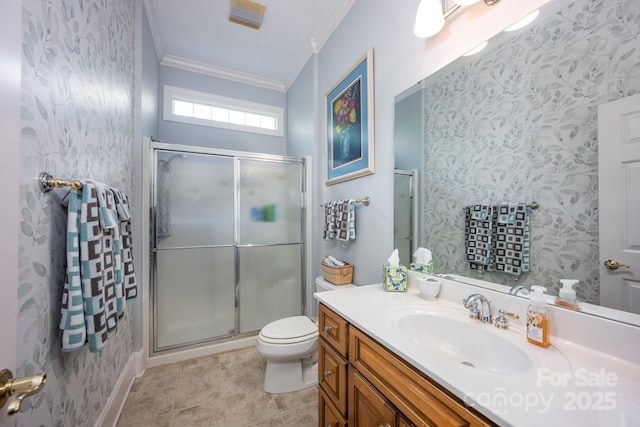 bathroom featuring crown molding, a stall shower, toilet, and wallpapered walls