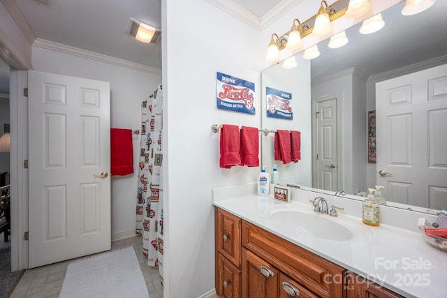 full bath featuring baseboards, crown molding, and vanity