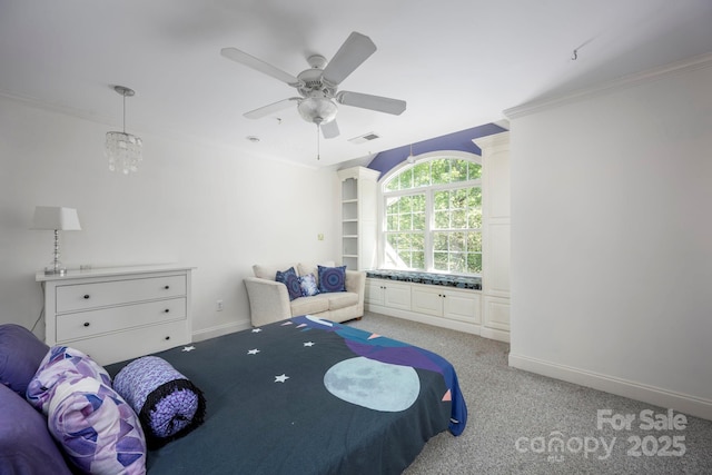 bedroom with ornamental molding, light carpet, ceiling fan, baseboards, and visible vents
