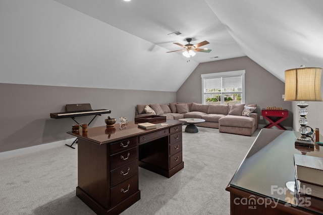 living room with light colored carpet, a ceiling fan, vaulted ceiling, and visible vents