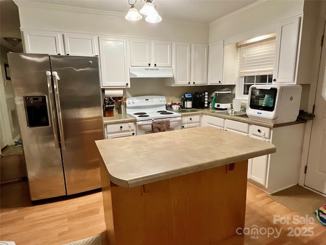 1780 Short St, Mount Pleasant, NC 28124 - kitchen with stainless steel fridge with ice dispenser, under cabinet range hood, white range with electric stovetop, white cabinets, and light wood-style floors