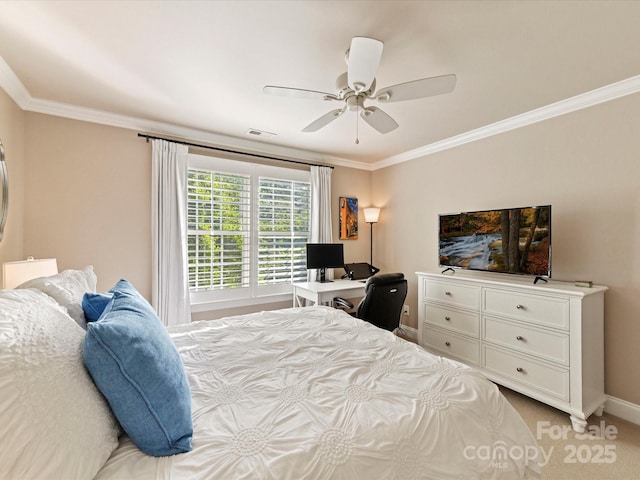 bedroom featuring crown molding, a ceiling fan, visible vents, light carpet, and baseboards