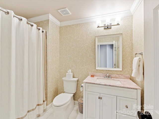 bathroom with visible vents, toilet, wallpapered walls, and vanity