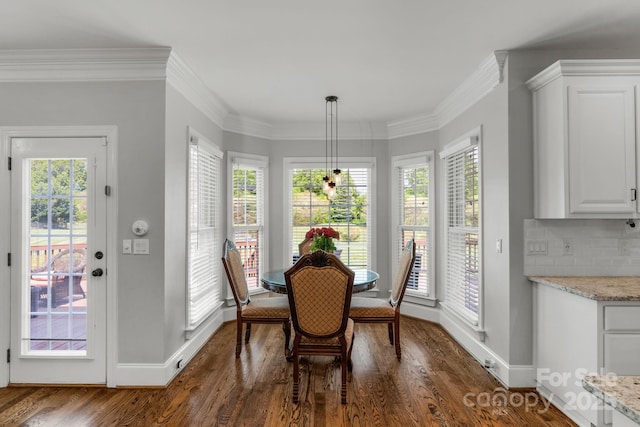9008 Skipaway Dr, Waxhaw, NC 28173 - dining space featuring baseboards, dark wood-style flooring, plenty of natural light, and crown molding