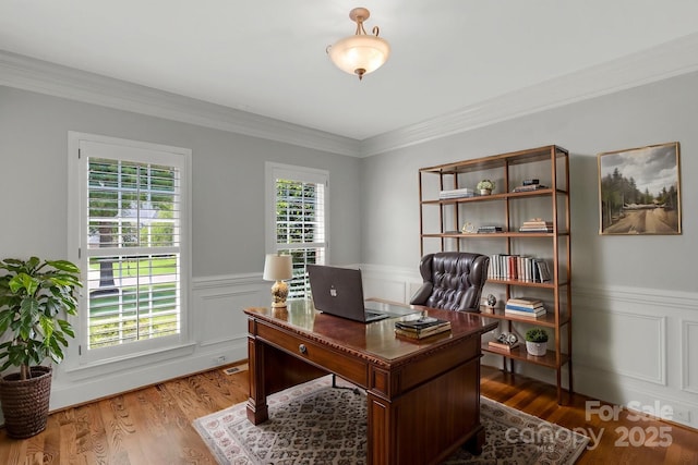 9008 Skipaway Dr, Waxhaw, NC 28173 - office space with wainscoting, crown molding, and wood finished floors