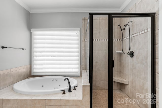 9008 Skipaway Dr, Waxhaw, NC 28173 - bathroom with a stall shower, a whirlpool tub, and ornamental molding