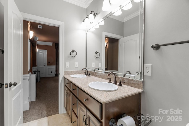 9008 Skipaway Dr, Waxhaw, NC 28173 - full bath with ornamental molding, double vanity, and tile patterned floors