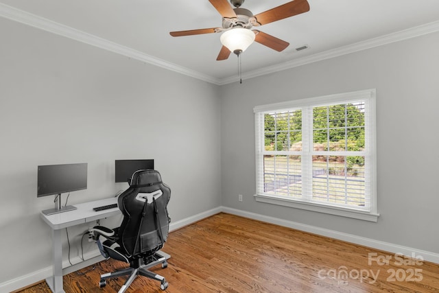 9008 Skipaway Dr, Waxhaw, NC 28173 - office space featuring baseboards, crown molding, wood finished floors, and ceiling fan