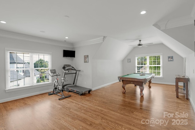 9008 Skipaway Dr, Waxhaw, NC 28173 - playroom featuring pool table, baseboards, light wood-type flooring, recessed lighting, and ornamental molding