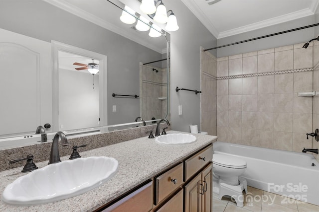 9008 Skipaway Dr, Waxhaw, NC 28173 - bathroom with toilet, double vanity, crown molding, shower / bath combination, and tile patterned floors