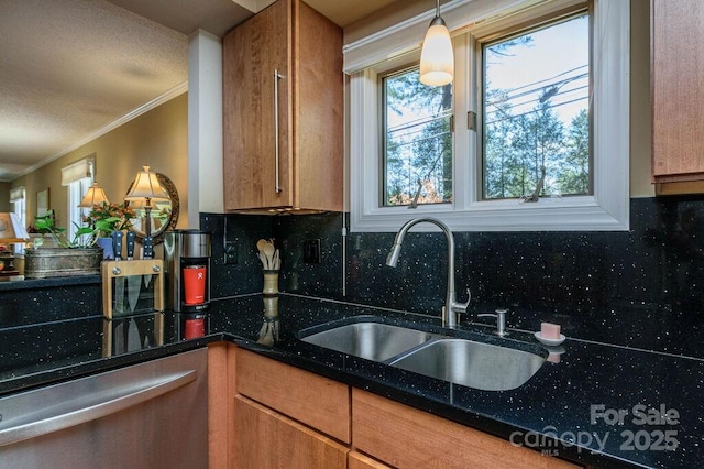 102 Glenbrook Dr, Hendersonville, NC 28739 - kitchen with dishwasher, a sink, ornamental molding, brown cabinets, and decorative backsplash