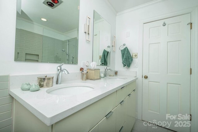 102 Glenbrook Dr, Hendersonville, NC 28739 - full bathroom featuring a tile shower, double vanity, a sink, and ornamental molding