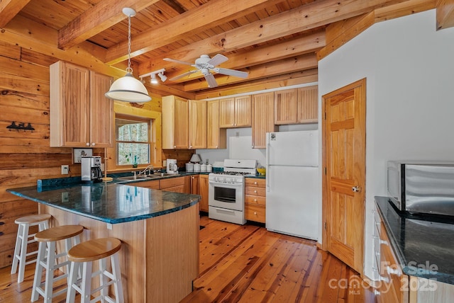 kitchen featuring light wood finished floors, white appliances, beamed ceiling, wood ceiling, and a peninsula