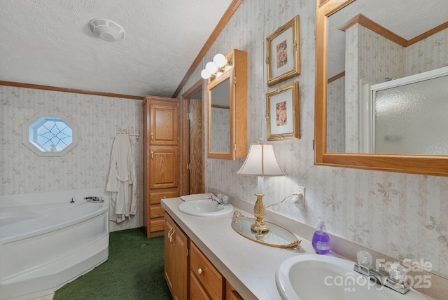 full bath featuring ornamental molding, a sink, and wallpapered walls