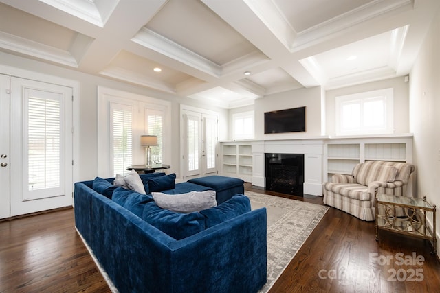 1550 Matthew Mcclure Cir, Davidson, NC 28036 - living room with coffered ceiling, beam ceiling, dark wood-style floors, crown molding, and a fireplace with flush hearth