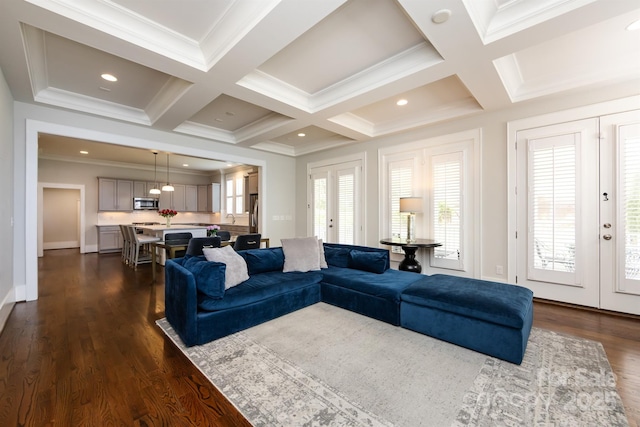 1550 Matthew Mcclure Cir, Davidson, NC 28036 - living room featuring french doors, ornamental molding, coffered ceiling, beam ceiling, and dark wood finished floors