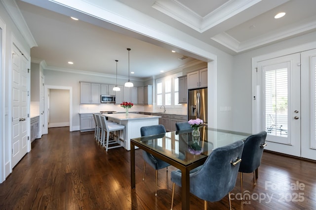1550 Matthew Mcclure Cir, Davidson, NC 28036 - dining area featuring ornamental molding, dark wood-style flooring, and recessed lighting