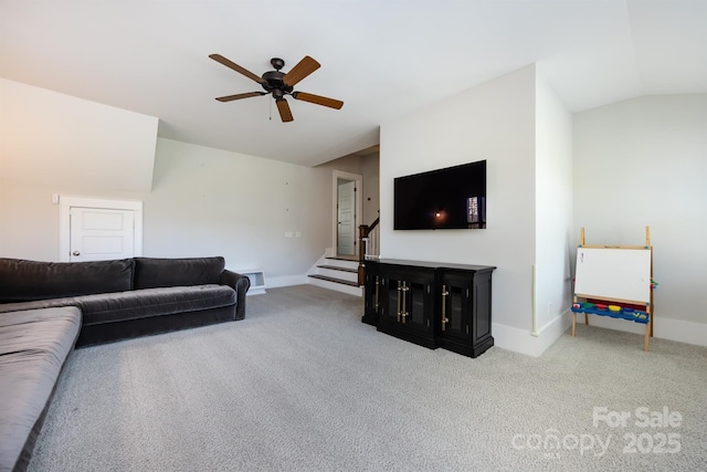 1550 Matthew Mcclure Cir, Davidson, NC 28036 - living room with vaulted ceiling, carpet flooring, ceiling fan, and stairs