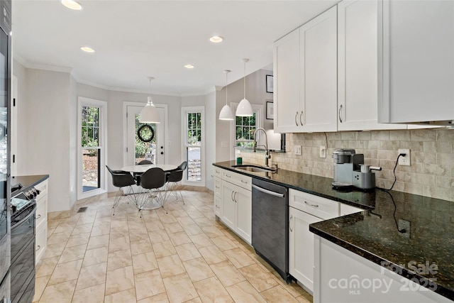 kitchen featuring dishwashing machine, black electric range oven, a sink, and white cabinetry