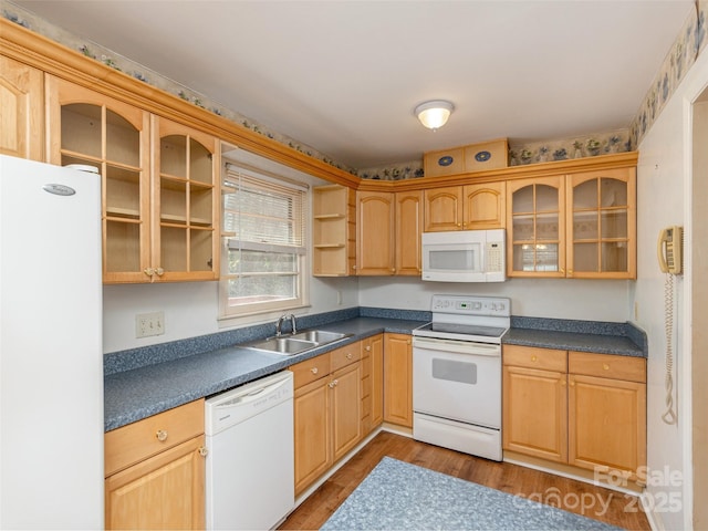 12 Birchwood Ln, Asheville, NC 28805 - kitchen featuring open shelves, a sink, dark countertops, white appliances, and wood finished floors