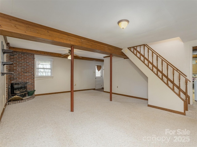 12 Birchwood Ln, Asheville, NC 28805 - basement with stairway, carpet flooring, a brick fireplace, and baseboards