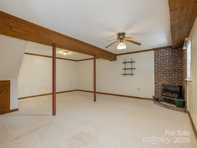 12 Birchwood Ln, Asheville, NC 28805 - finished below grade area with baseboards, a ceiling fan, carpet flooring, and a brick fireplace