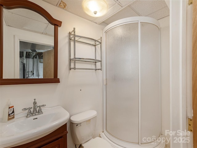 12 Birchwood Ln, Asheville, NC 28805 - full bath featuring a shower stall, vanity, a drop ceiling, and toilet